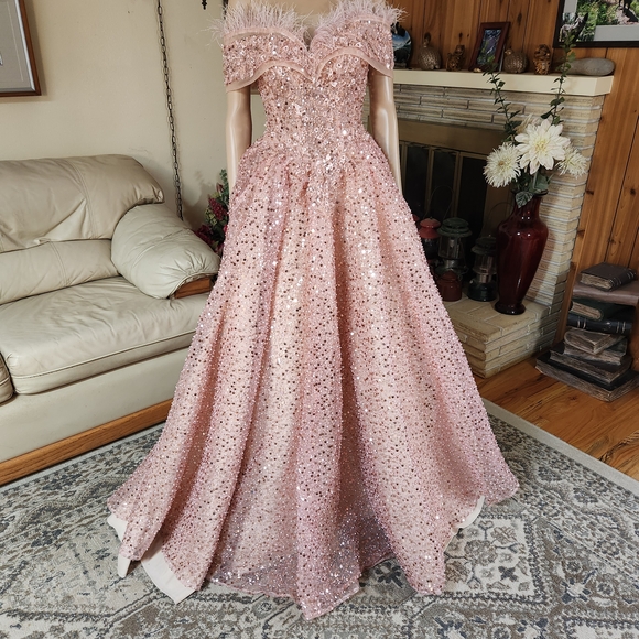 Dreamy Pink Heart-Sequined & Pearl Ball Gown Feathered & Corseted